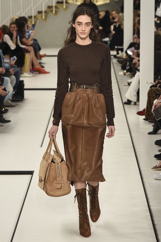 Women's Tan Suede Tote Bag, Brown Leather Lace-up Ankle Boots, Brown Leather Pencil Skirt, Dark Brown Crew-neck Sweater