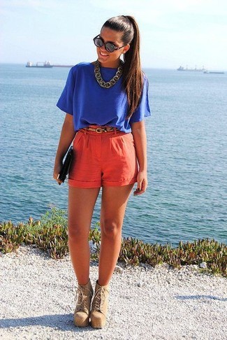 Women's Black Leather Clutch, Tan Suede Lace-up Ankle Boots, Red Shorts, Blue Short Sleeve Blouse