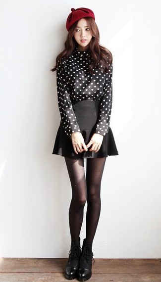 Women's Red Beret, Black Leather Lace-up Ankle Boots, Black Skater Skirt, Black and White Print Long Sleeve Blouse