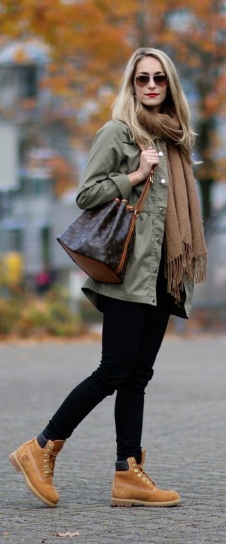 Women's Dark Brown Leather Bucket Bag, Tan Suede Lace-up Ankle Boots, Black Skinny Jeans, Olive Anorak