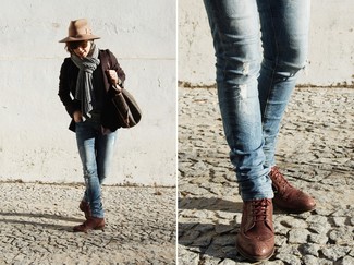 Burgundy Leather Lace-up Flat Boots Outfits For Women: 