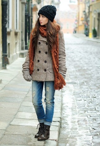 Women's Grey Wool Gloves, Dark Brown Leather Lace-up Flat Boots, Blue Ripped Jeans, Brown Pea Coat
