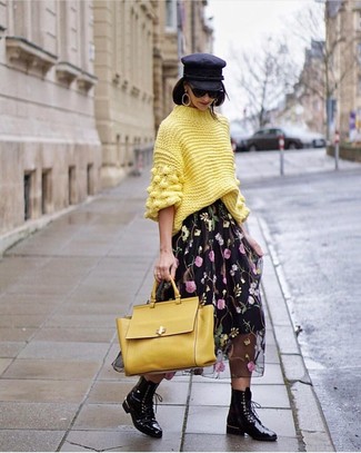 Women's Yellow Leather Satchel Bag, Black Leather Lace-up Flat Boots, Black Floral Chiffon Midi Skirt, Yellow Knit Turtleneck