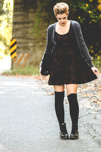 Women's Black Knee High Socks, Black Leather Lace-up Flat Boots, Burgundy Floral Skater Dress, Charcoal Open Cardigan