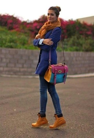 Women's Multi colored Leather Crossbody Bag, Tan Nubuck Lace-up Flat Boots, Navy Skinny Jeans, Violet Coat