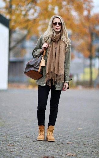 Women's Dark Brown Leather Bucket Bag, Tan Nubuck Lace-up Flat Boots, Black Skinny Jeans, Olive Military Jacket