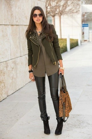 Women's Dark Brown Suede Ankle Boots, Black Leather Leggings, Brown Button Down Blouse, Olive Biker Jacket