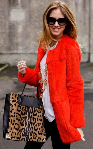 Women's Black and Tan Leopard Leather Tote Bag, Black Leggings, White Button Down Blouse, Red Fur Coat