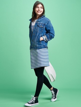 White and Navy Horizontal Striped Casual Dress Outfits: 