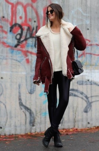 Burgundy Shearling Jacket Outfits For Women: 
