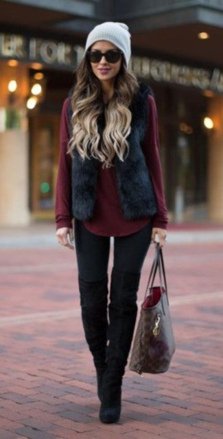 Dark Brown Check Leather Tote Bag Outfits: 