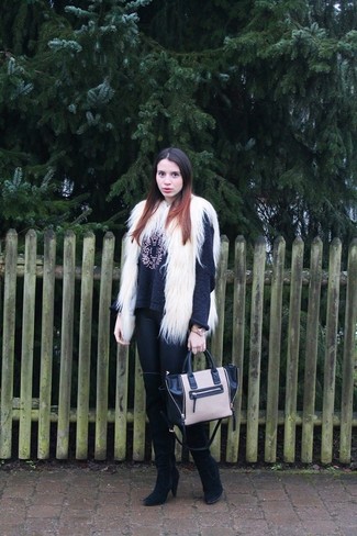 Women's Black Suede Over The Knee Boots, Black Leather Leggings, Charcoal Embellished Crew-neck Sweater, White Fur Vest