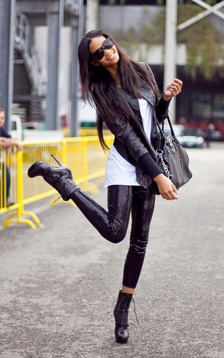 Women's Black Leather Lace-up Ankle Boots, Black Sequin Leggings, White Crew-neck T-shirt, Black Leather Biker Jacket