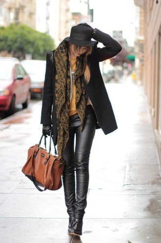 Dark Brown Print Scarf Outfits For Women: 