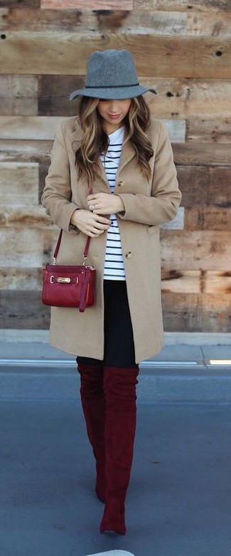 Women's Burgundy Suede Over The Knee Boots, Black Leggings, White and Navy Horizontal Striped Crew-neck T-shirt, Camel Coat