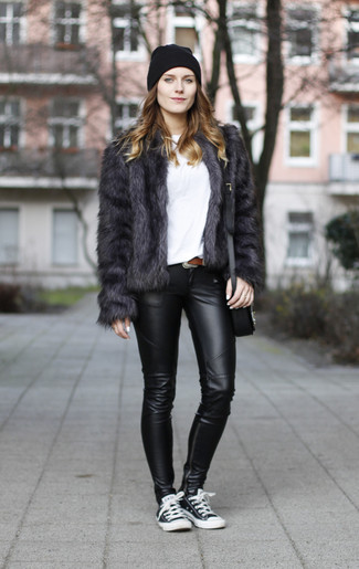 Women's Black and White Low Top Sneakers, Black Leather Leggings, White Crew-neck T-shirt, Charcoal Fur Jacket