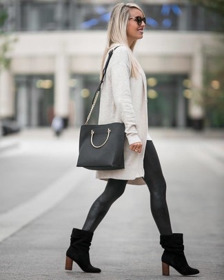 Women's Black Suede Ankle Boots, Black Leather Leggings, White Crew-neck T-shirt, White Open Cardigan