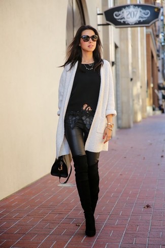 Women's Black Suede Over The Knee Boots, Black Leather Leggings, Black Lace Crew-neck T-shirt, White Knit Open Cardigan