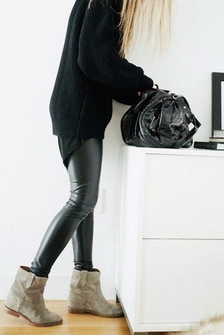 Women's Beige Suede Ankle Boots, Black Leather Leggings, Black Crew-neck T-shirt, Black Oversized Sweater