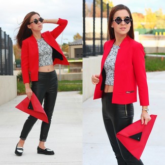 Women's Black and White Leather Loafers, Black Leather Leggings, Grey Floral Cropped Top, Red Blazer