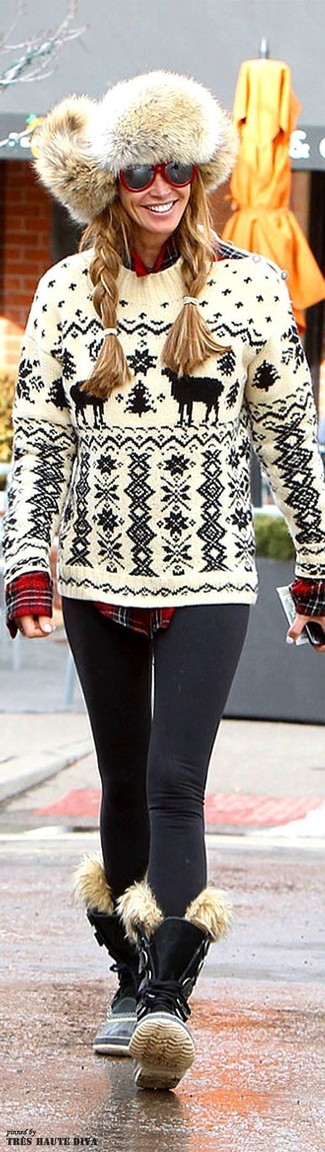 White and Red Fair Isle Crew-neck Sweater Outfits For Women: 