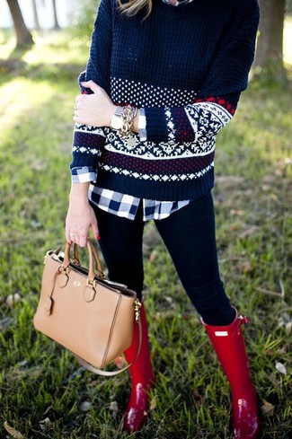 Navy Fair Isle Crew-neck Sweater Outfits For Women: 
