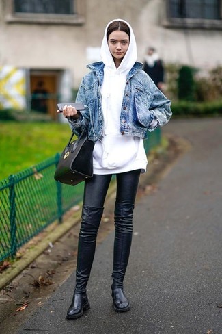 Black Leather Over The Knee Boots Spring Outfits: 