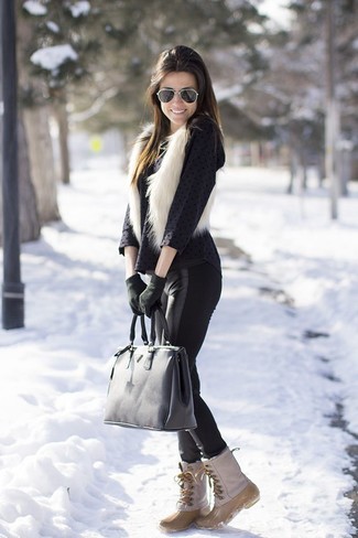 Women's Beige Snow Boots, Black Leather Leggings, Black Polka Dot Long Sleeve Blouse, White Fur Vest