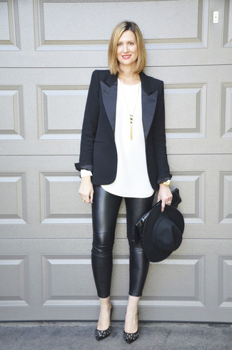 Black Embellished Leather Pumps Outfits: 