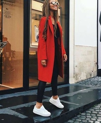 Women's White Leather Low Top Sneakers, Black Leather Leggings, Black Long Sleeve T-shirt, Red Coat