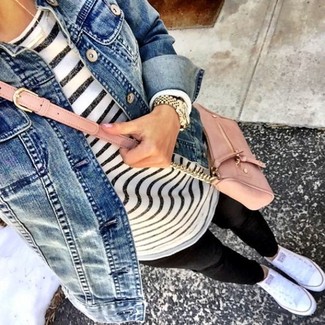 Women's White Low Top Sneakers, Black Leggings, White and Black Horizontal Striped Long Sleeve T-shirt, Blue Denim Jacket