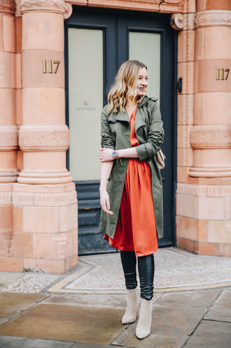 Olive Trenchcoat with Black Leather Leggings Outfits: 