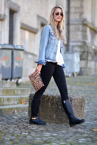Black Leather Knee High Boots Outfits: 