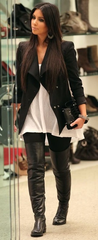 Kim Kardashian wearing Black Leather Over The Knee Boots, Black Leggings, White Sleeveless Top, Black Biker Jacket