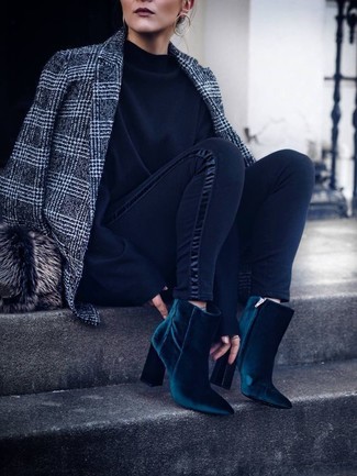 Women's Teal Velvet Ankle Boots, Black Leggings, Black Sweatshirt, Grey Plaid Wool Blazer