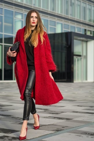 Red Coat with Black Leather Leggings Outfits: 