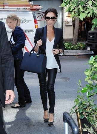 Victoria Beckham wearing Black Studded Suede Pumps, Black Leather Leggings, White Sequin Tank, Black Blazer