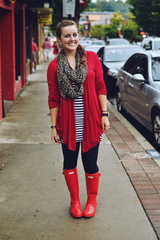 Women's Red Rain Boots, Navy Leggings, White and Navy Horizontal Striped Tunic, Red Open Cardigan