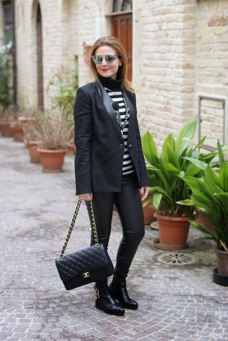 Women's Black Leather Chelsea Boots, Black Leather Leggings, Black and White Horizontal Striped Turtleneck, Black Blazer