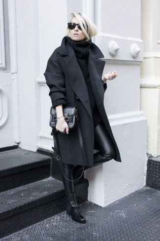 Women's Black Leather Chelsea Boots, Black Leather Leggings, Black Knit Turtleneck, Black Coat