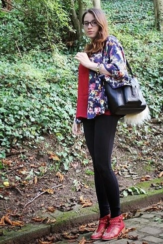 Women's Red Embellished Leather Ankle Boots, Black Leggings, Red V-neck T-shirt, Navy Floral Kimono