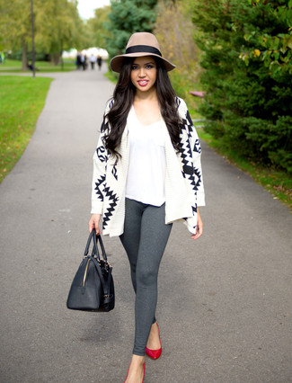 Women's Red Leather Pumps, Grey Leggings, White V-neck T-shirt, White and Black Geometric Open Cardigan