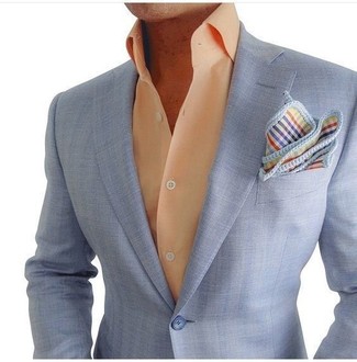 Multi colored Pocket Square Outfits: Marrying a light blue blazer and a multi colored pocket square will be a good reflection of your skills in menswear styling even on weekend days.