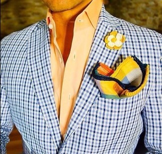 Men's Light Blue Check Blazer, Orange Dress Shirt, Multi colored Pocket Square, Yellow Floral Lapel Pin