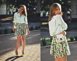 Women's Light Blue Button Down Blouse, Multi colored Floral Skater Skirt, Yellow Leather Pumps, Beige Leather Crossbody Bag