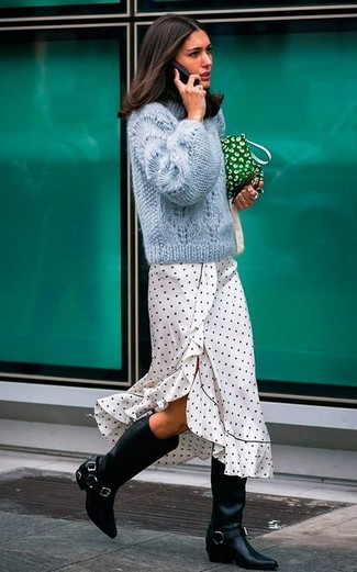 Women's Outfits 2022: A light blue cable sweater and a white and black polka dot midi dress married together are a total eye candy for fashionistas who prefer casual styles. To give your overall outfit a more elegant touch, complement this ensemble with a pair of black leather knee high boots.