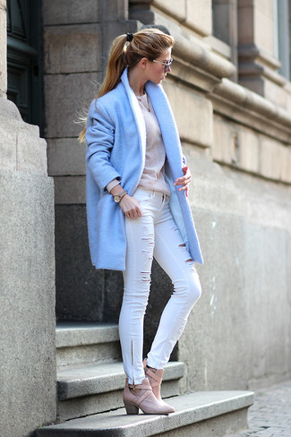 Women's Light Blue Coat, Beige Crew-neck Sweater, White Skinny Jeans, Pink Leather Ankle Boots