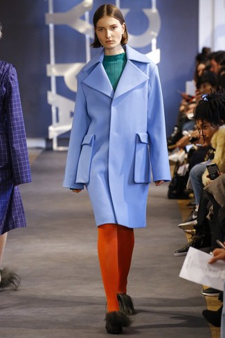 Women's Light Blue Coat, Teal Crew-neck Sweater, Orange Tights