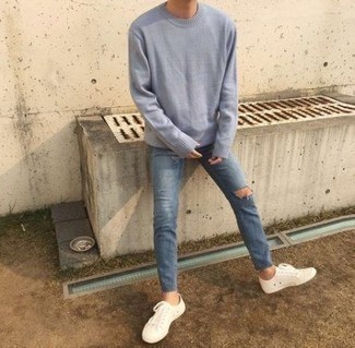 Men's Light Blue Crew-neck Sweater, Blue Ripped Jeans, White Canvas Low Top Sneakers