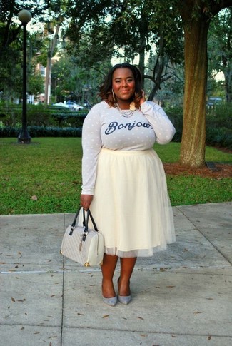Women's Light Blue Print Crew-neck Sweater, White Tulle Full Skirt, Light Blue Suede Pumps, Grey Quilted Leather Tote Bag